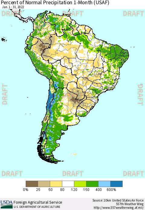 South America Percent of Normal Precipitation 1-Month (USAF) Thematic Map For 1/1/2022 - 1/31/2022