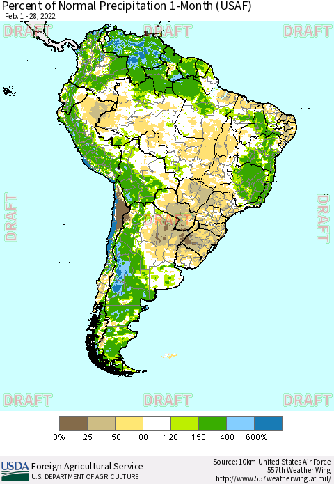 South America Percent of Normal Precipitation 1-Month (USAF) Thematic Map For 2/1/2022 - 2/28/2022