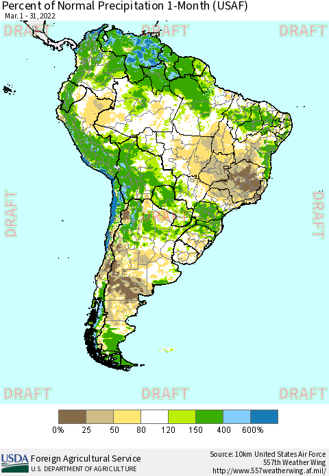 South America Percent of Normal Precipitation 1-Month (USAF) Thematic Map For 3/1/2022 - 3/31/2022