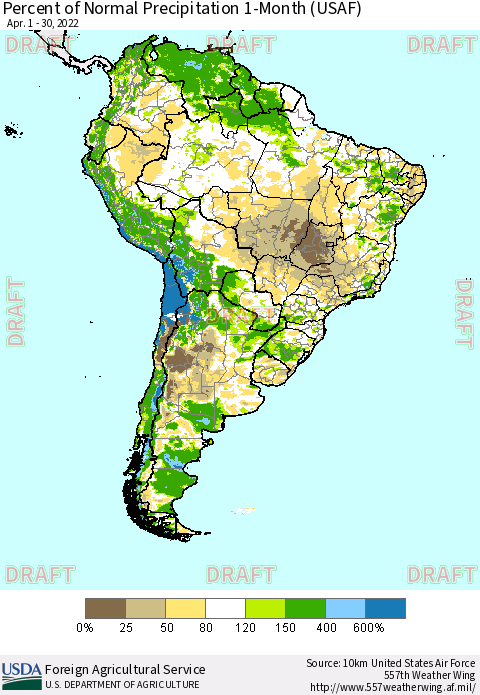 South America Percent of Normal Precipitation 1-Month (USAF) Thematic Map For 4/1/2022 - 4/30/2022