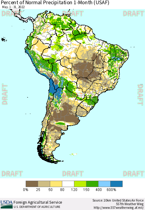 South America Percent of Normal Precipitation 1-Month (USAF) Thematic Map For 5/1/2022 - 5/31/2022