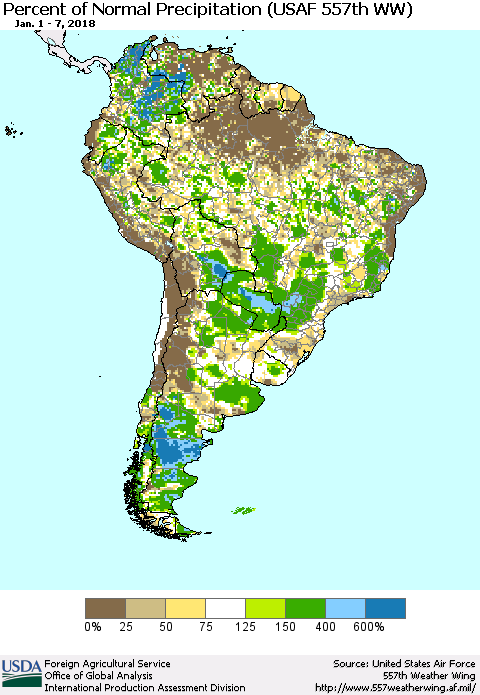 South America Percent of Normal Precipitation (USAF 557th WW) Thematic Map For 1/1/2018 - 1/7/2018
