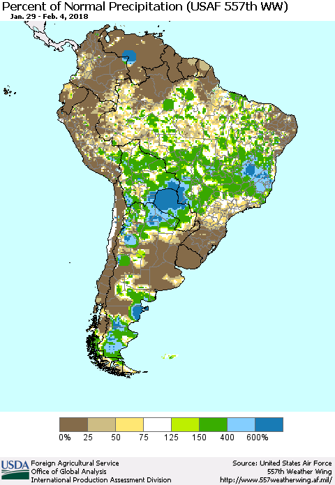 South America Percent of Normal Precipitation (USAF 557th WW) Thematic Map For 1/29/2018 - 2/4/2018