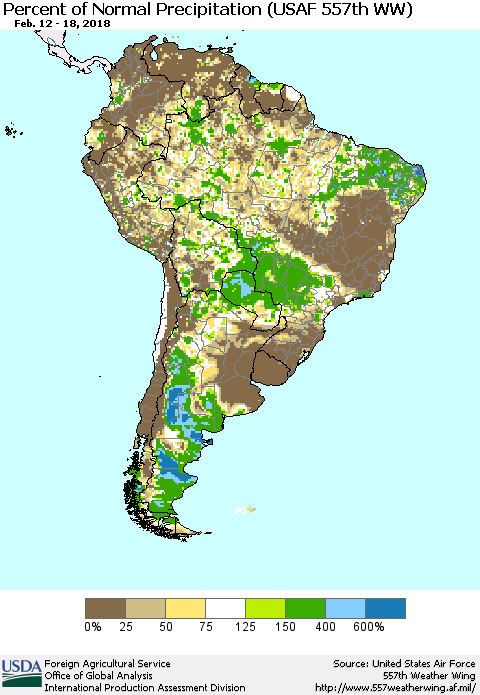 South America Percent of Normal Precipitation (USAF 557th WW) Thematic Map For 2/12/2018 - 2/18/2018