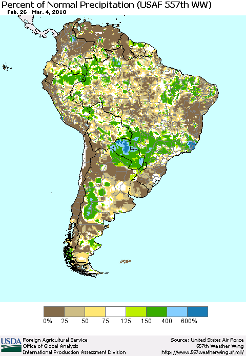 South America Percent of Normal Precipitation (USAF 557th WW) Thematic Map For 2/26/2018 - 3/4/2018