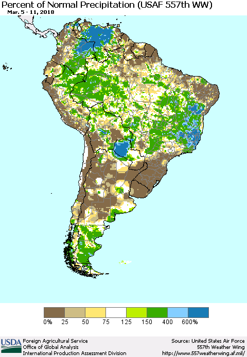 South America Percent of Normal Precipitation (USAF 557th WW) Thematic Map For 3/5/2018 - 3/11/2018