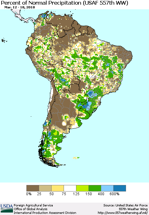 South America Percent of Normal Precipitation (USAF 557th WW) Thematic Map For 3/12/2018 - 3/18/2018