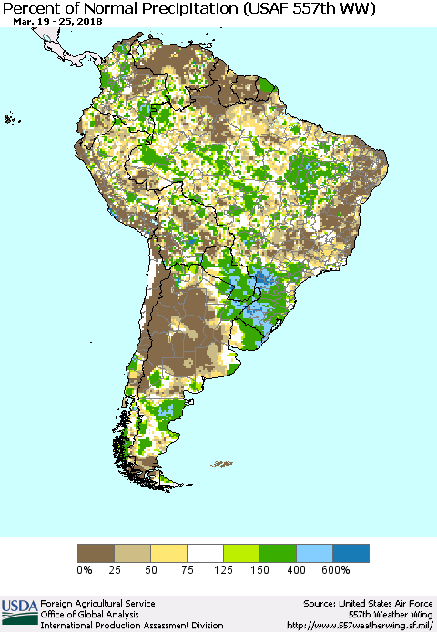 South America Percent of Normal Precipitation (USAF 557th WW) Thematic Map For 3/19/2018 - 3/25/2018