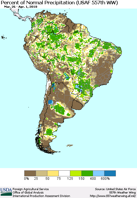 South America Percent of Normal Precipitation (USAF 557th WW) Thematic Map For 3/26/2018 - 4/1/2018