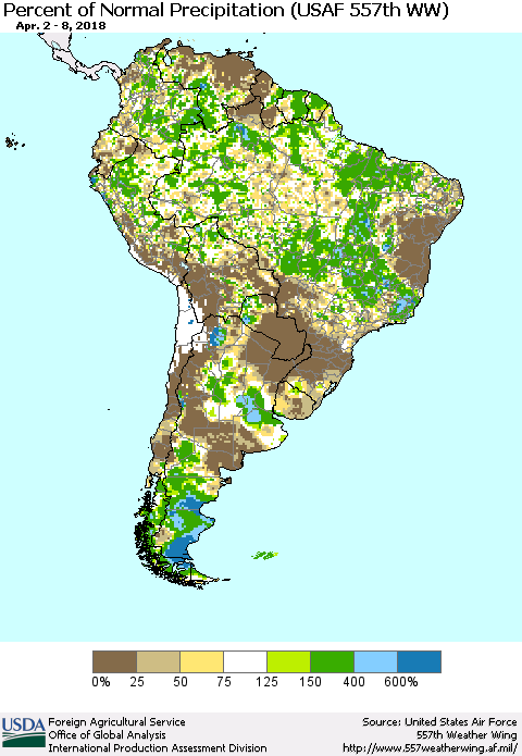 South America Percent of Normal Precipitation (USAF 557th WW) Thematic Map For 4/2/2018 - 4/8/2018
