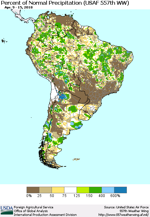 South America Percent of Normal Precipitation (USAF 557th WW) Thematic Map For 4/9/2018 - 4/15/2018