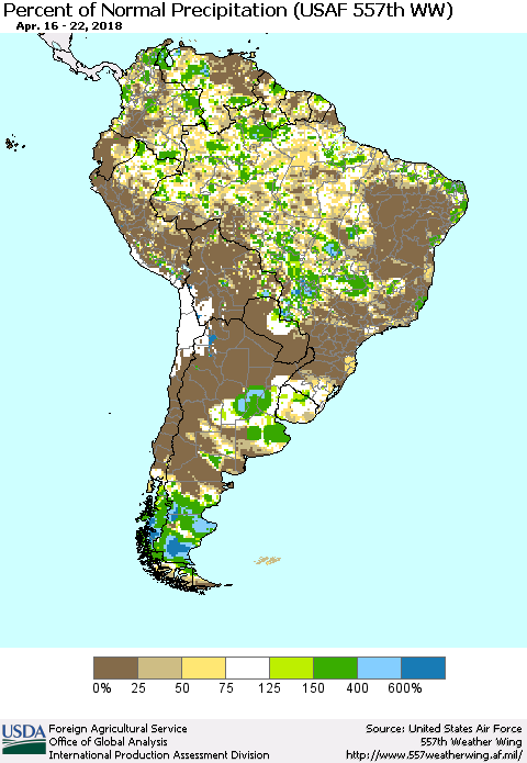 South America Percent of Normal Precipitation (USAF 557th WW) Thematic Map For 4/16/2018 - 4/22/2018