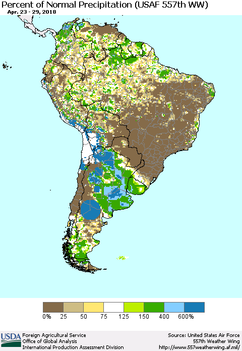 South America Percent of Normal Precipitation (USAF 557th WW) Thematic Map For 4/23/2018 - 4/29/2018