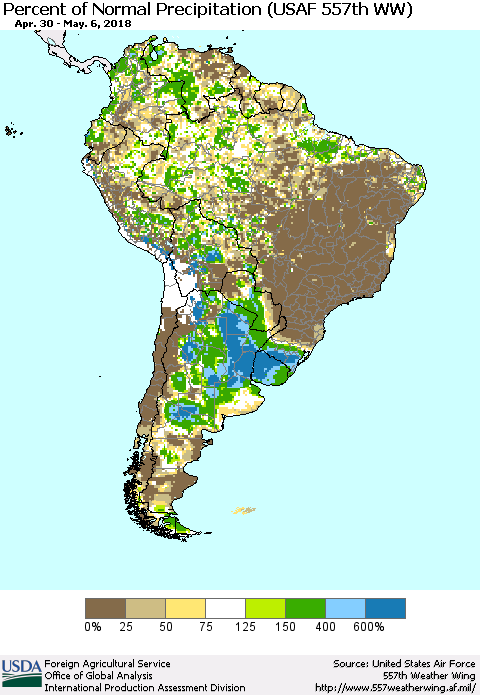 South America Percent of Normal Precipitation (USAF 557th WW) Thematic Map For 4/30/2018 - 5/6/2018