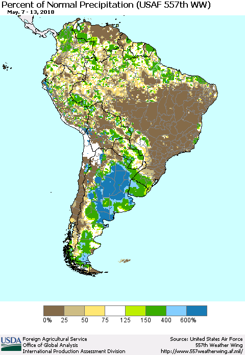 South America Percent of Normal Precipitation (USAF 557th WW) Thematic Map For 5/7/2018 - 5/13/2018