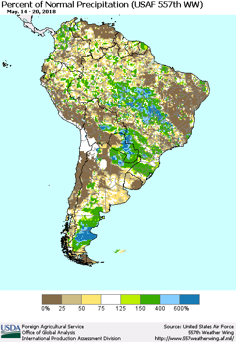 South America Percent of Normal Precipitation (USAF 557th WW) Thematic Map For 5/14/2018 - 5/20/2018