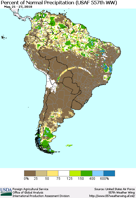 South America Percent of Normal Precipitation (USAF 557th WW) Thematic Map For 5/21/2018 - 5/27/2018
