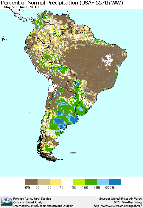 South America Percent of Normal Precipitation (USAF 557th WW) Thematic Map For 5/28/2018 - 6/3/2018