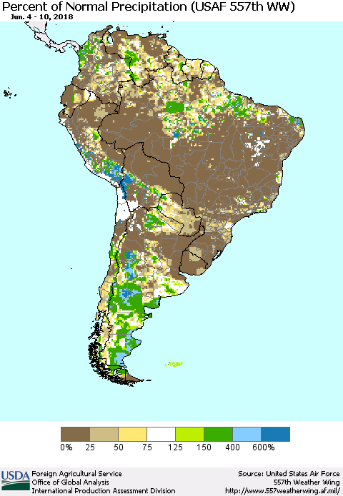 South America Percent of Normal Precipitation (USAF 557th WW) Thematic Map For 6/4/2018 - 6/10/2018