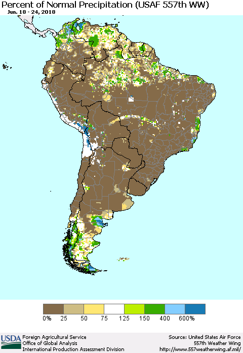 South America Percent of Normal Precipitation (USAF 557th WW) Thematic Map For 6/18/2018 - 6/24/2018