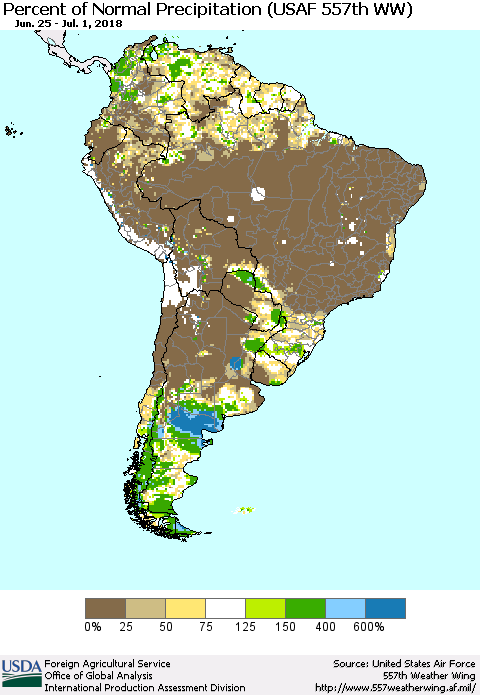 South America Percent of Normal Precipitation (USAF 557th WW) Thematic Map For 6/25/2018 - 7/1/2018