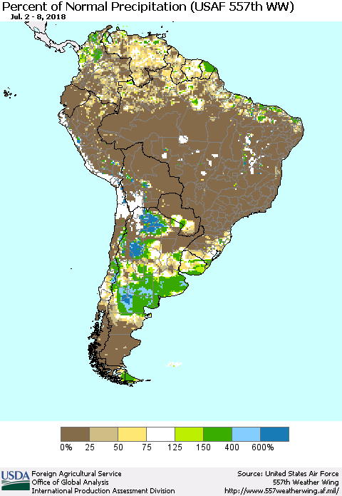 South America Percent of Normal Precipitation (USAF 557th WW) Thematic Map For 7/2/2018 - 7/8/2018