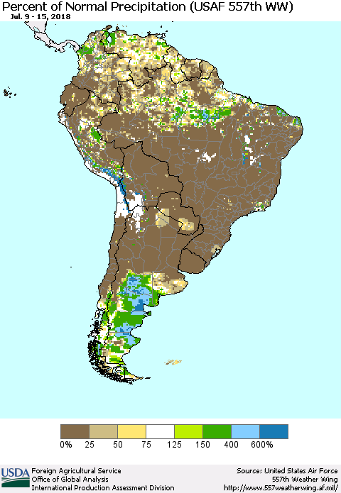South America Percent of Normal Precipitation (USAF 557th WW) Thematic Map For 7/9/2018 - 7/15/2018