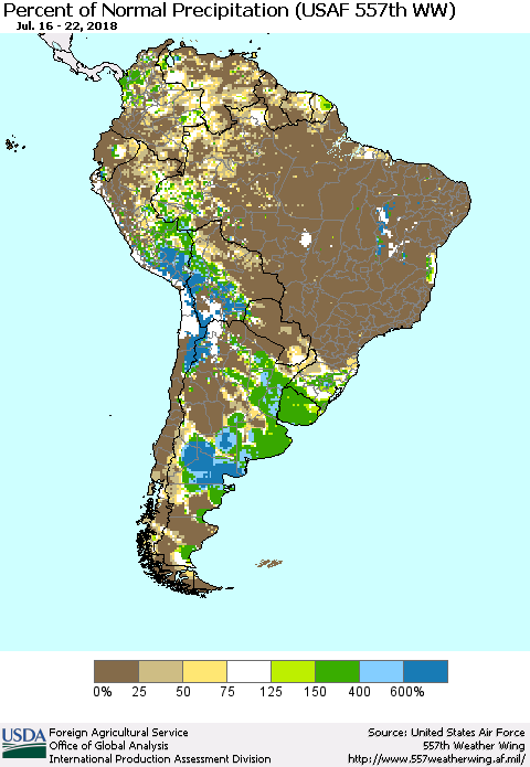 South America Percent of Normal Precipitation (USAF 557th WW) Thematic Map For 7/16/2018 - 7/22/2018