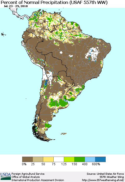 South America Percent of Normal Precipitation (USAF 557th WW) Thematic Map For 7/23/2018 - 7/29/2018
