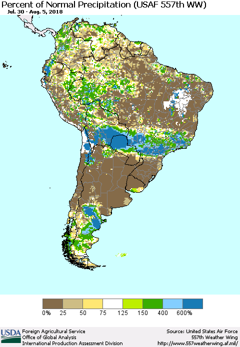South America Percent of Normal Precipitation (USAF 557th WW) Thematic Map For 7/30/2018 - 8/5/2018