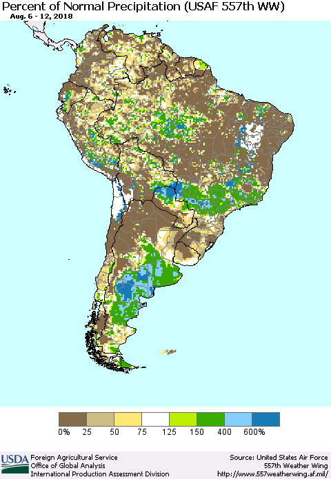 South America Percent of Normal Precipitation (USAF 557th WW) Thematic Map For 8/6/2018 - 8/12/2018