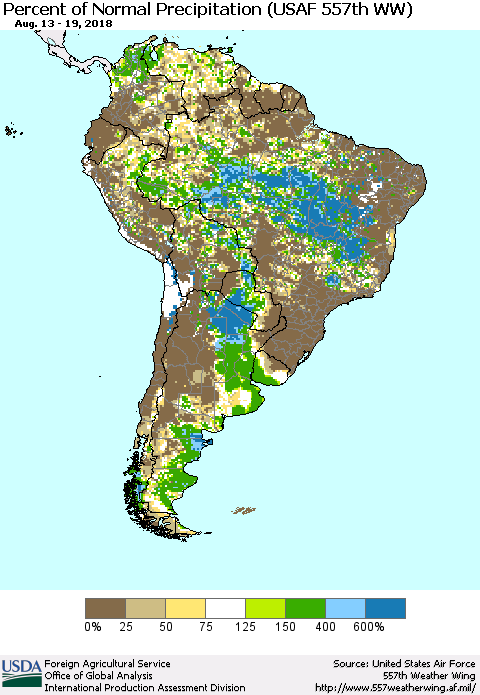 South America Percent of Normal Precipitation (USAF 557th WW) Thematic Map For 8/13/2018 - 8/19/2018