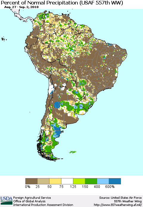 South America Percent of Normal Precipitation (USAF 557th WW) Thematic Map For 8/27/2018 - 9/2/2018