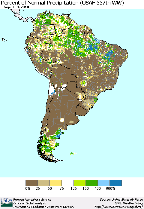 South America Percent of Normal Precipitation (USAF 557th WW) Thematic Map For 9/3/2018 - 9/9/2018