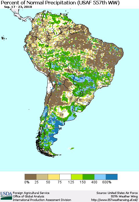 South America Percent of Normal Precipitation (USAF 557th WW) Thematic Map For 9/17/2018 - 9/23/2018