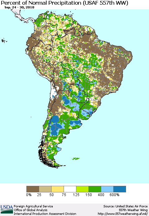 South America Percent of Normal Precipitation (USAF 557th WW) Thematic Map For 9/24/2018 - 9/30/2018