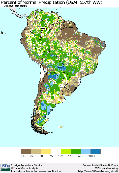 South America Percent of Normal Precipitation (USAF 557th WW) Thematic Map For 10/22/2018 - 10/28/2018