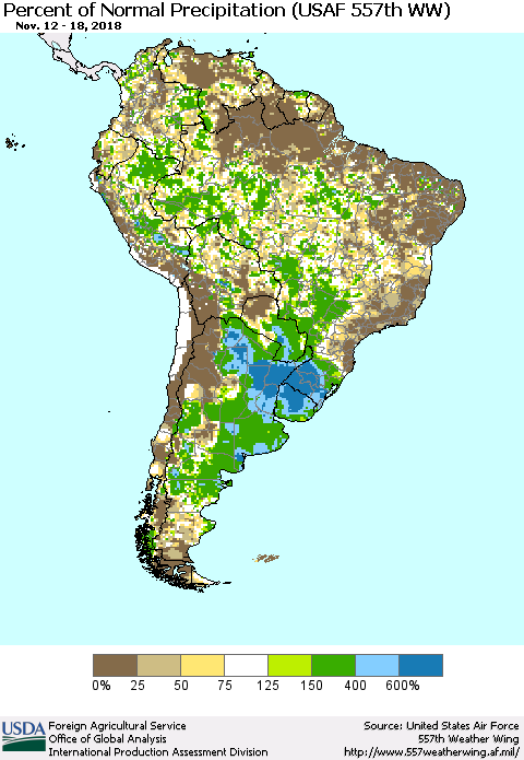 South America Percent of Normal Precipitation (USAF 557th WW) Thematic Map For 11/12/2018 - 11/18/2018