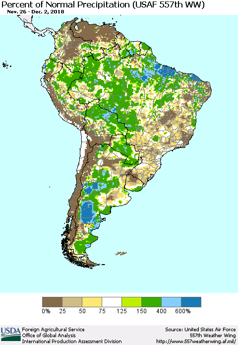 South America Percent of Normal Precipitation (USAF 557th WW) Thematic Map For 11/26/2018 - 12/2/2018