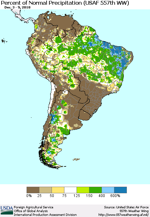 South America Percent of Normal Precipitation (USAF 557th WW) Thematic Map For 12/3/2018 - 12/9/2018