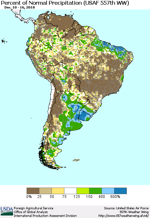 South America Percent of Normal Precipitation (USAF 557th WW) Thematic Map For 12/10/2018 - 12/16/2018