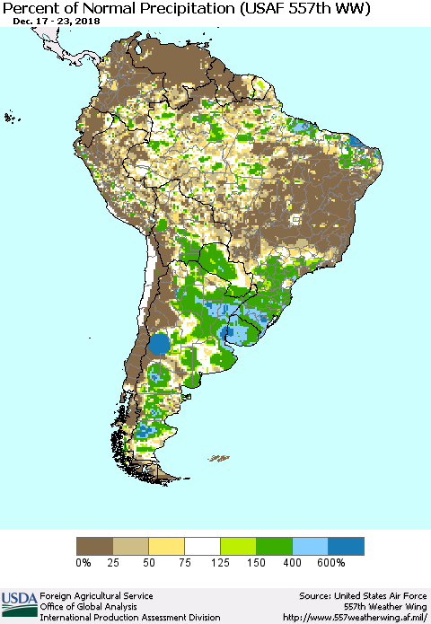 South America Percent of Normal Precipitation (USAF 557th WW) Thematic Map For 12/17/2018 - 12/23/2018