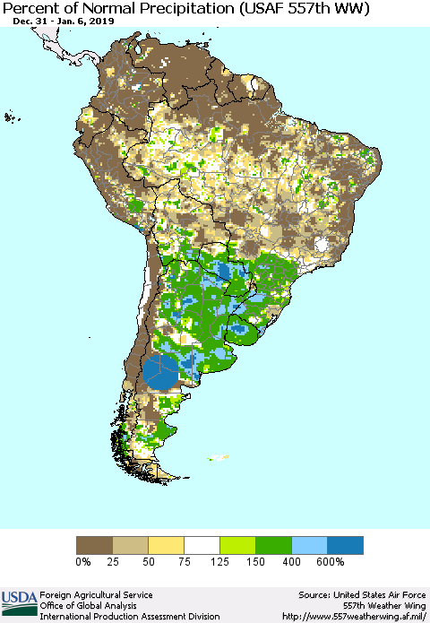 South America Percent of Normal Precipitation (USAF 557th WW) Thematic Map For 12/31/2018 - 1/6/2019