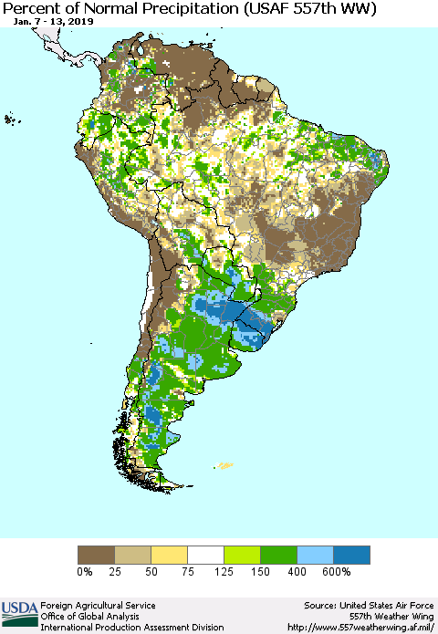 South America Percent of Normal Precipitation (USAF 557th WW) Thematic Map For 1/7/2019 - 1/13/2019