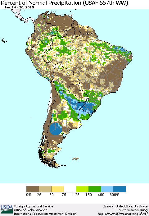 South America Percent of Normal Precipitation (USAF 557th WW) Thematic Map For 1/14/2019 - 1/20/2019