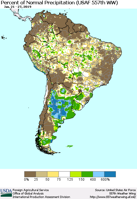 South America Percent of Normal Precipitation (USAF 557th WW) Thematic Map For 1/21/2019 - 1/27/2019