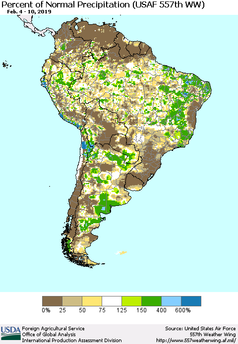 South America Percent of Normal Precipitation (USAF 557th WW) Thematic Map For 2/4/2019 - 2/10/2019