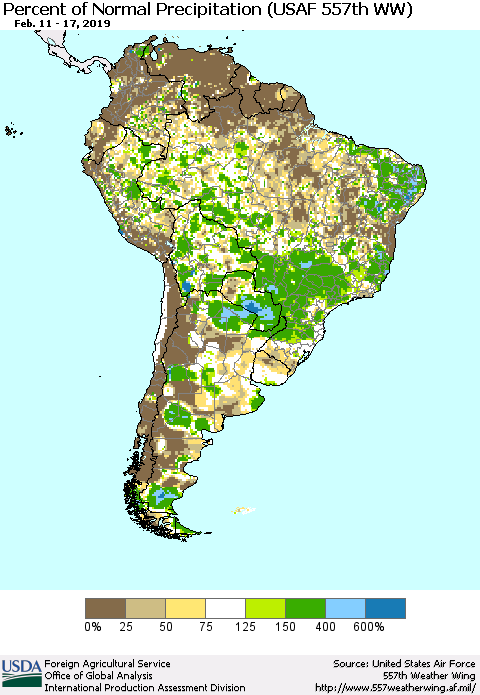 South America Percent of Normal Precipitation (USAF 557th WW) Thematic Map For 2/11/2019 - 2/17/2019