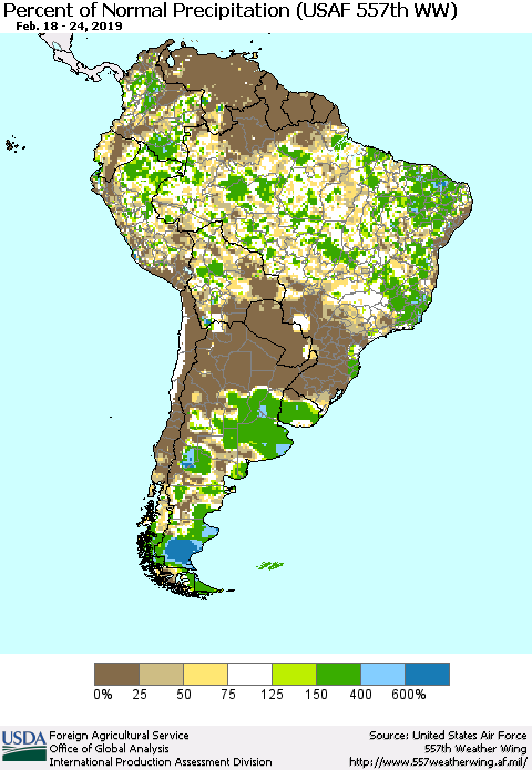 South America Percent of Normal Precipitation (USAF 557th WW) Thematic Map For 2/18/2019 - 2/24/2019