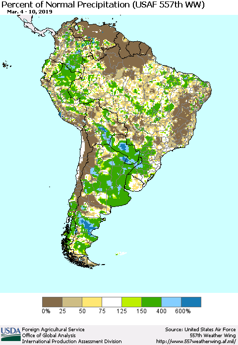 South America Percent of Normal Precipitation (USAF 557th WW) Thematic Map For 3/4/2019 - 3/10/2019